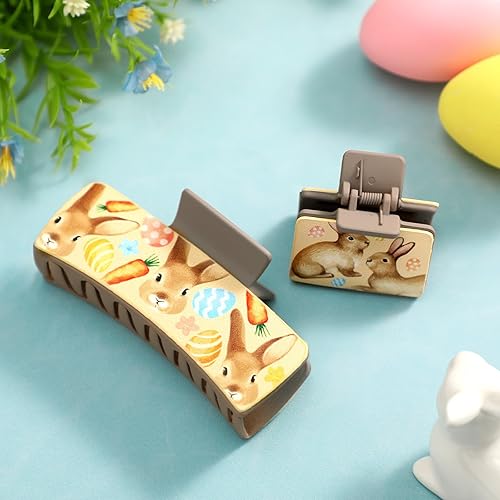 Miniatura 6 de Juego de 2 pinzas para el pelo de Pascua para mujer, de cuero mate, huevos de conejo, acuarela, zanahorias, peinados cortos y rizados, largos,