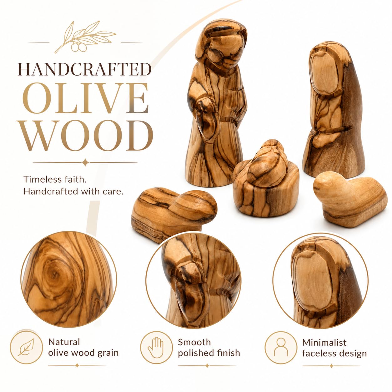 Zuluf Petites figurines de la Sainte Famille en bois d'olivier – Joseph, Marie et Bébé Jésus – Crèche de Noël en bois pour décoration d'intérieur