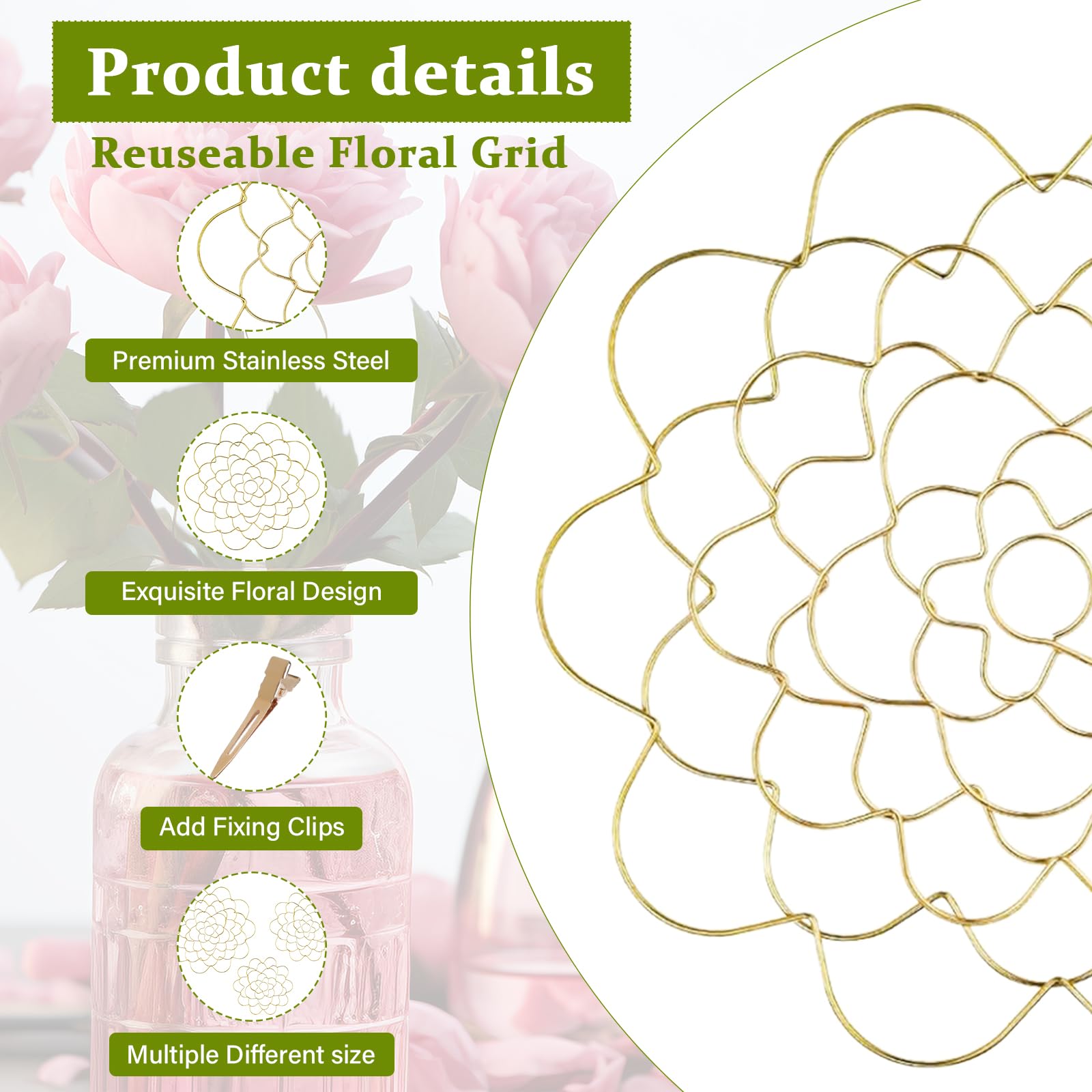 TSKDKIT 3 Stück Blumenhalter Edelstahl, Blumenarrangement Halter Blumenfrosch, 4/5/6 Zoll Spiralförmiger Ikebana-Stielhalter für Pflanzenfixierung, DIY-Blumenhalter(Gold)