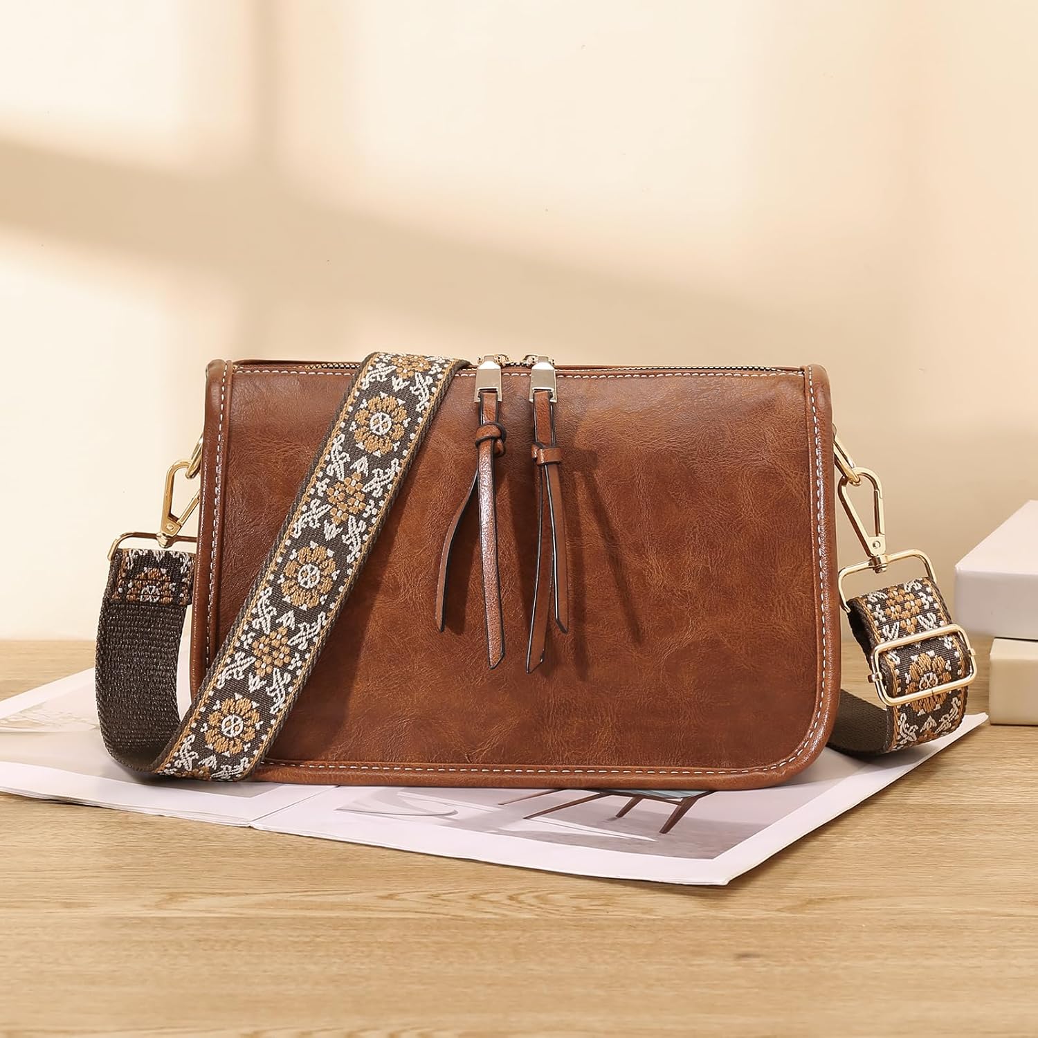 SENDEFN Crossbody Bag for Women PU Leather Bohemian Vintage Stylish Purses Shoulder Handbags with Adjustable Guitar Strap - Image 2