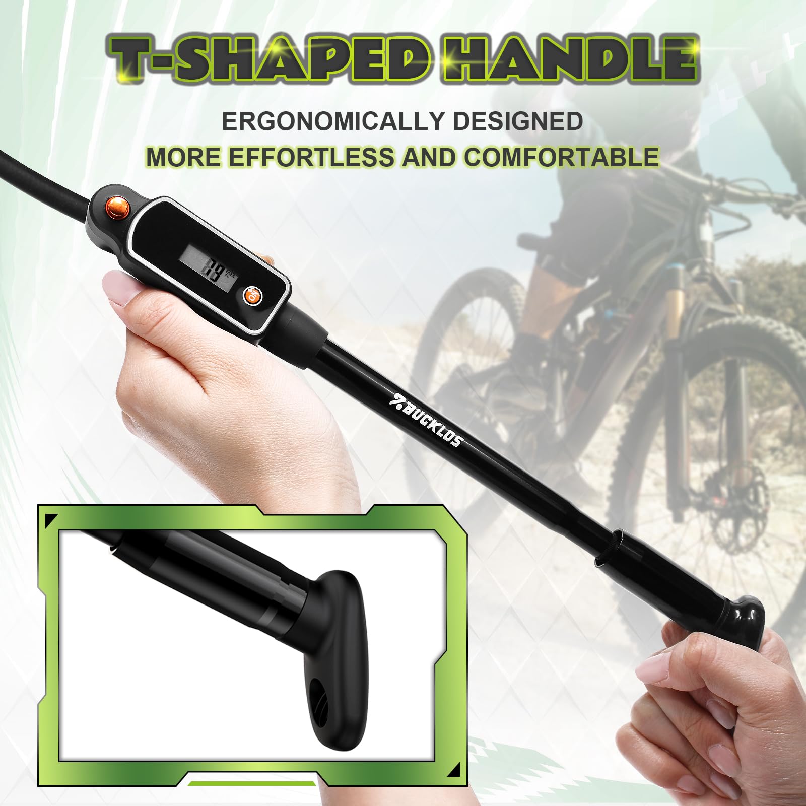 BUCKLOS Bike Shock Pump Mountain Suspension Air Fork Rear Shock 320Psi Digital Gauge Bicycle Tire Pump Scharder Presta Valve for MTB/Road Bikes Handheld Accessories Tool