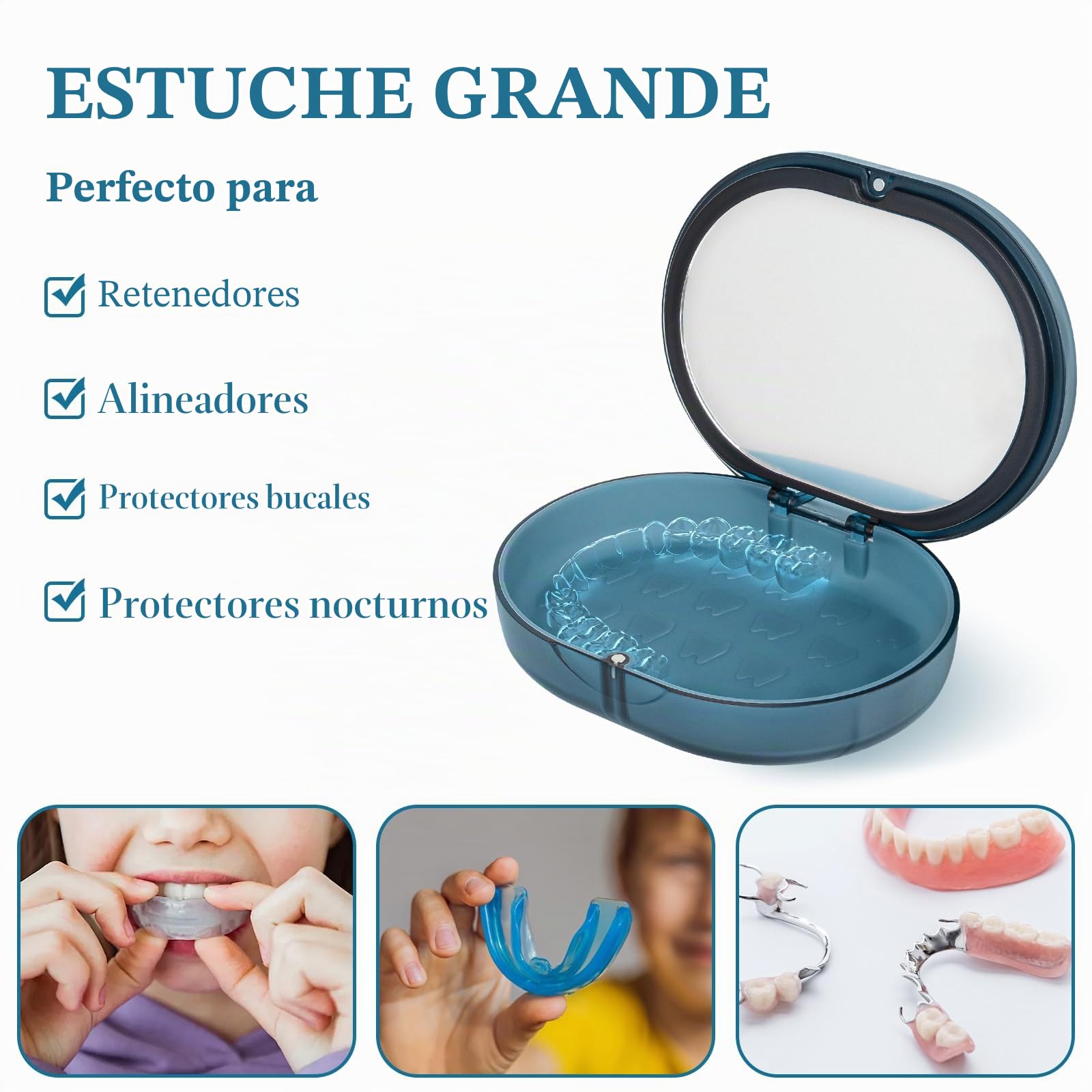 Linkidea Estuche de almacenamiento de doble capa con espejo para retenedor, caja de contenedor portátil con herramienta de extracción, cepillo, protector bucal para niños con cierre magnético (azul)