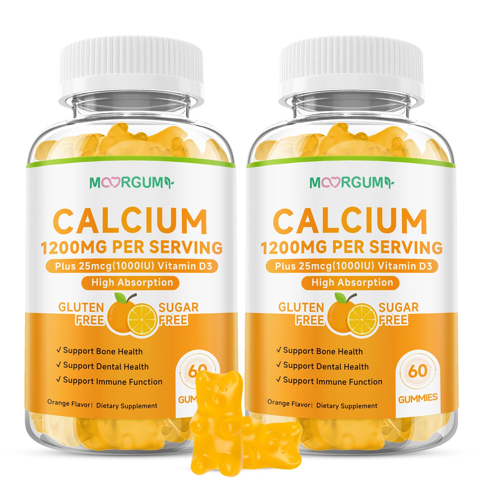 Calcium Citrate Gummies for Kids, Adult - 1200 mg with Vitamin D3 1000IU - Support Bone, Teeth, Immune Health, High Absorption Calcium and Vitamin D Supplement, Orange Flavor, 120 Count 60 Count (Pack of 2)