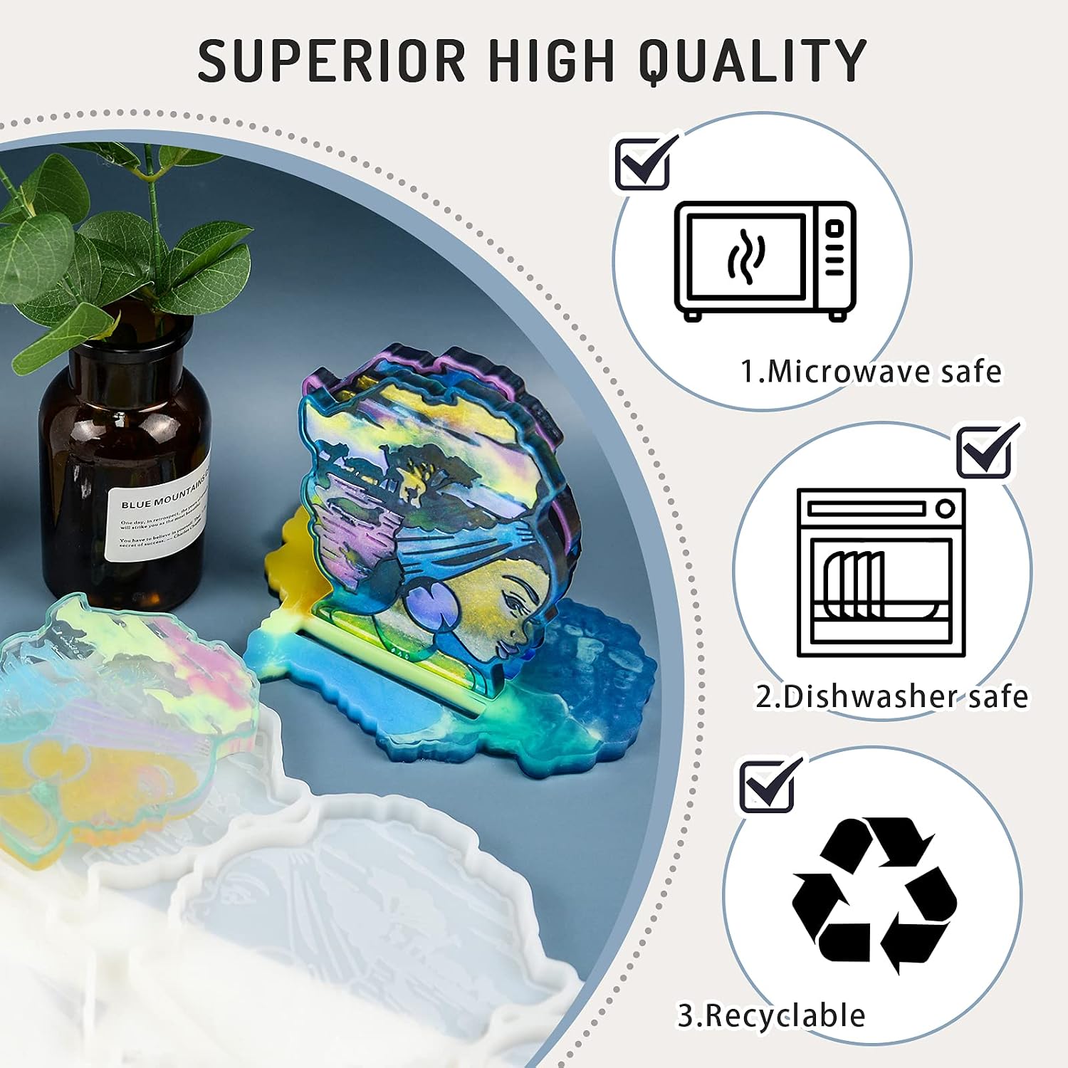Afro Female Resin Coaster molds, 4 PCS African Goddess Silicone Cup Mats Moulds with Storage Holder Molds, Epoxy Resin Molds for Resin, Coaster molds, Cup mat molds, DIY Coaster, Home Decoration.