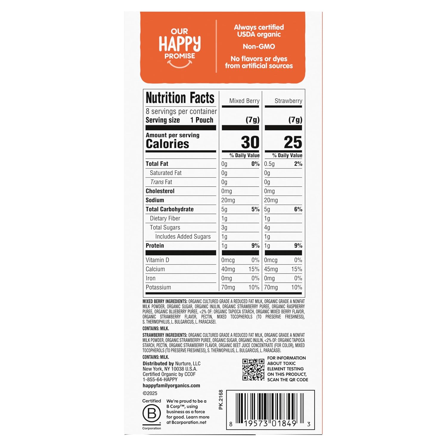 Happy Baby Organics Yogis Freeze-Dried Yogurt and Fruit Snacks, Crawling Baby Snacks, Mixed Berry and Strawberry, Variety Pack, 0.25 oz, 4 Boxes of 8 Pouches (32 Total Pouches)