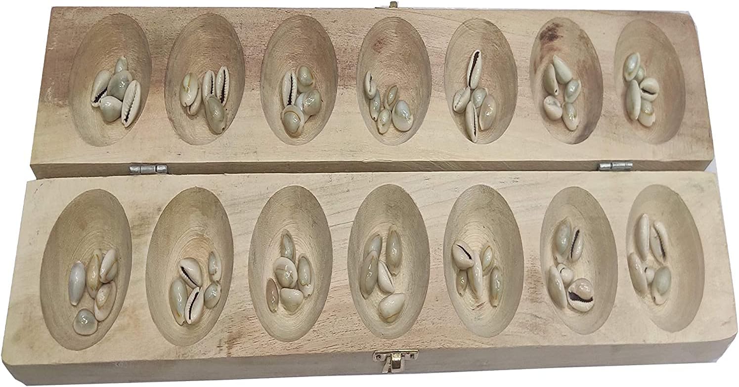Paljji Handicrafts Vamana Guntalu / Pallanghuzi / Mancala Wooden Board Game/ with Playing Seeds - 14 Pit