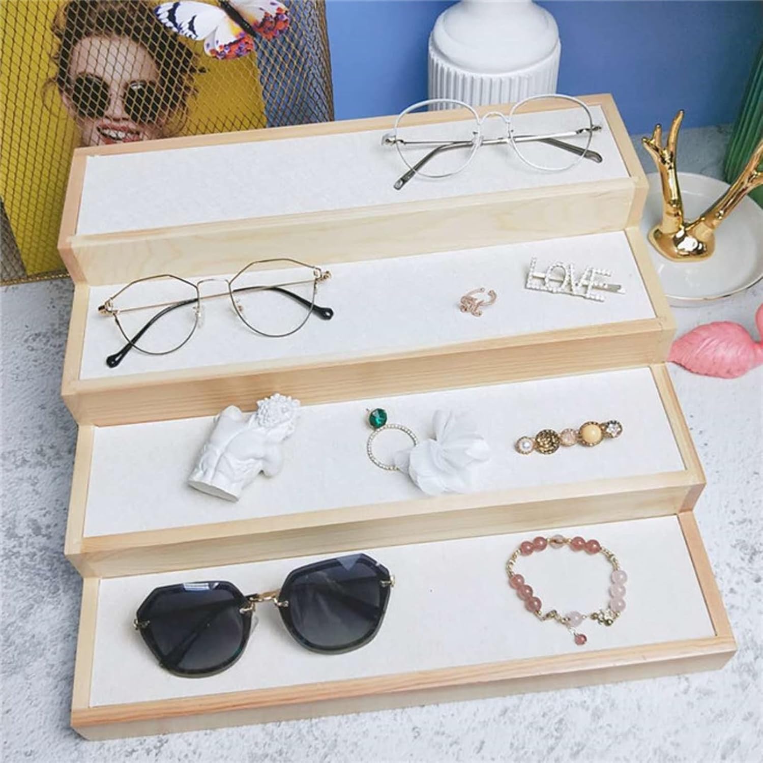 Wooden LadderEyeglasses Stand Sunglasses Rack Desktop Decoration for Cabinet Countertops Sunglasses Rack
