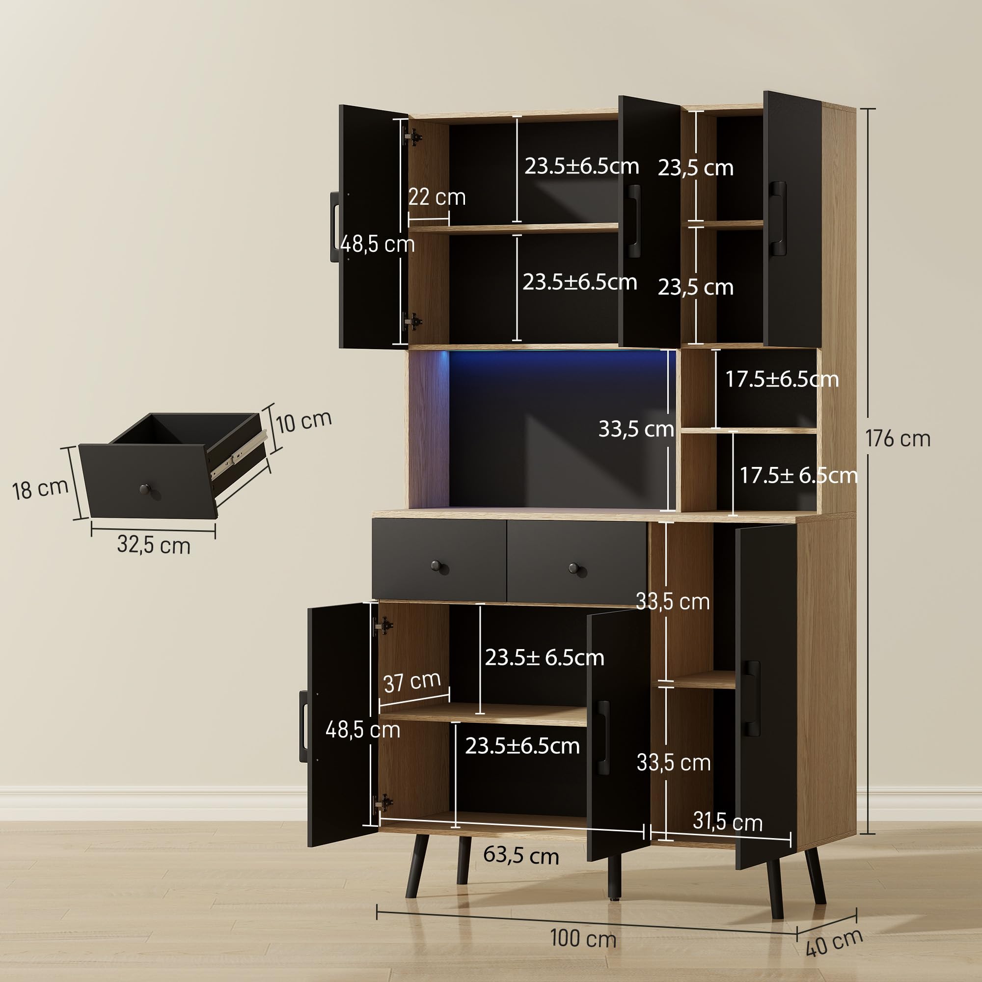 HOMCOM Meuble d'appoint de cuisine haut avec lumières LED RVB avec 6 portes, 2 tiroirs, plan de travail et trou pour câbles, style moderne noir et chêne 100 x 40 x 176 cm