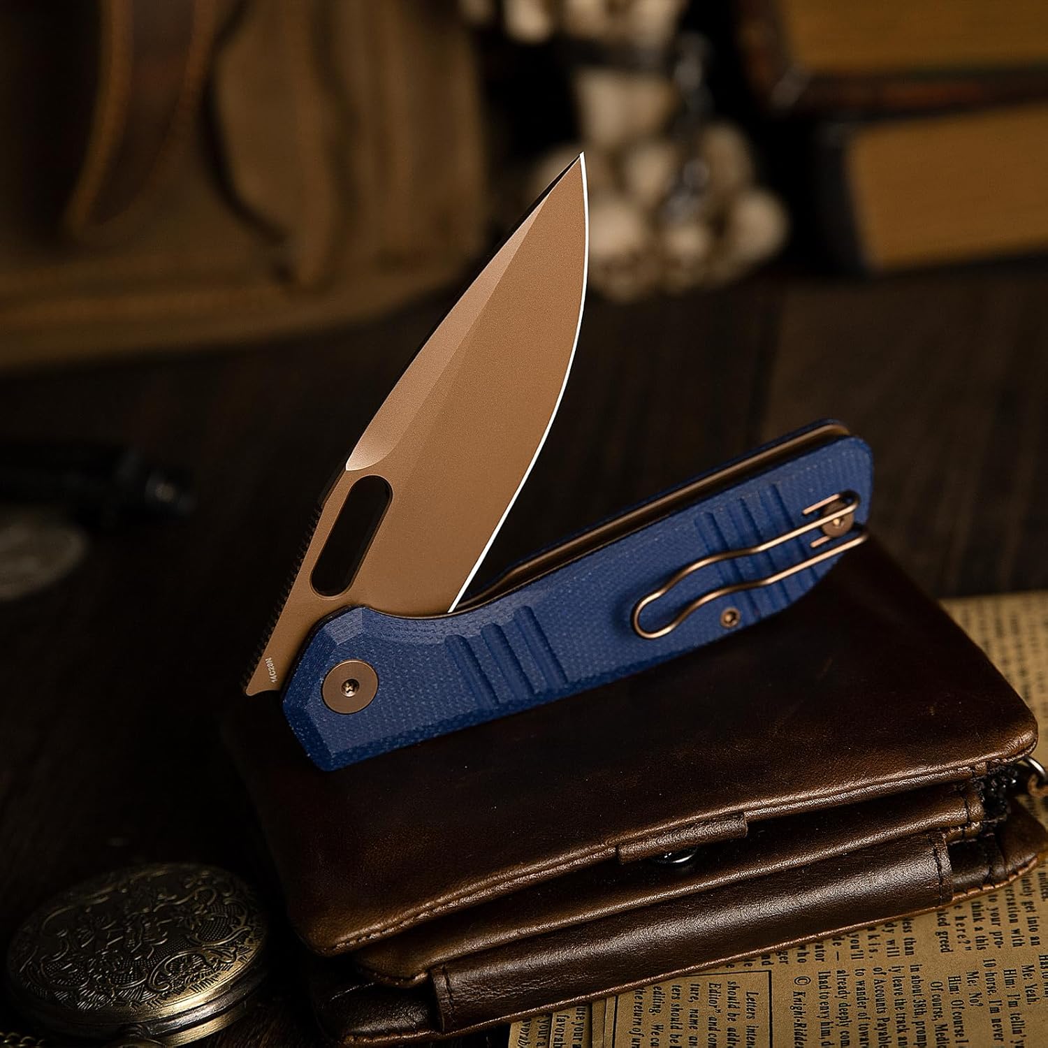 TRIVISA Gecko Folding Pocket Knife, 3.4" 14C28N Steel Blade Micarta Handle EDC Knife with Pocket Clip for Men Women Camping Hiking (Blue)