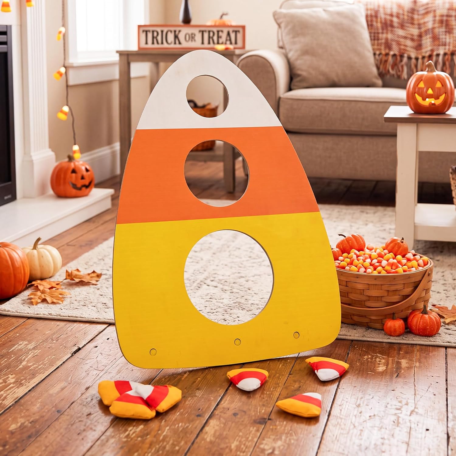AceOrbit Candy Corn Bean Bag Toss, Wooden Halloween Game 6 Bags | Fall Festival Party Game for Backyard Lawn Camping, Cornhole Board with Festive Design, Carnival Gatherings Outdoors