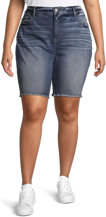 Layla Medium Wash Plus Size Frayed Hem Denim Bermuda Shorts