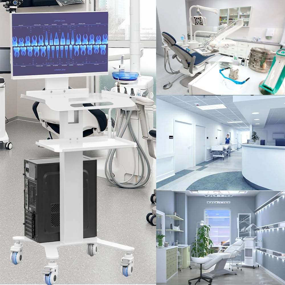 Wózek do kliniki dentystycznej, z dwoma tacami i uchwytem na skaner, wózek medyczny na kółkach, o cichej konstrukcji antypoślizgowej i trwałej metalowej konstrukcji, do szpitali i