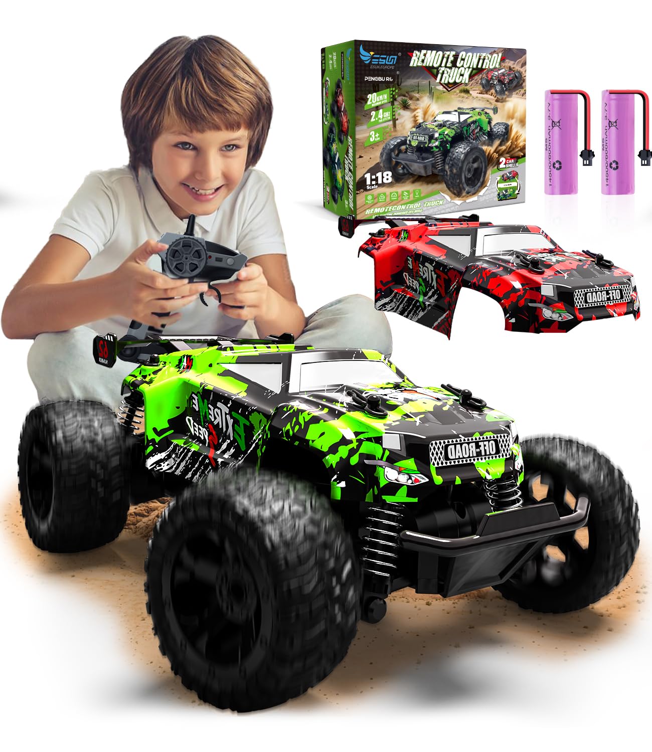 Remote Control Monster Truck, Remote Control Monster Truck from 3 4 6 8 Years Old 1:18 2.4Ghz Remote Control Car with Dual Shell Light and 2 Batteries, RC Monster Truck Toy for Kids