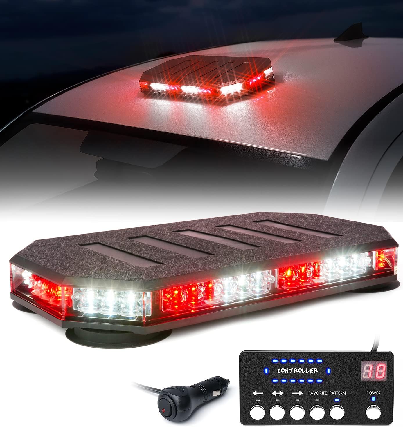 LUMENIX 42 LED Roof Top Strobe Beacon Light Bar Hazard Warning Emergency Flashing Firefighter Lights with Controller for First Responder Vehicles Fire Trucks Snowplow White Red (Patent Design)