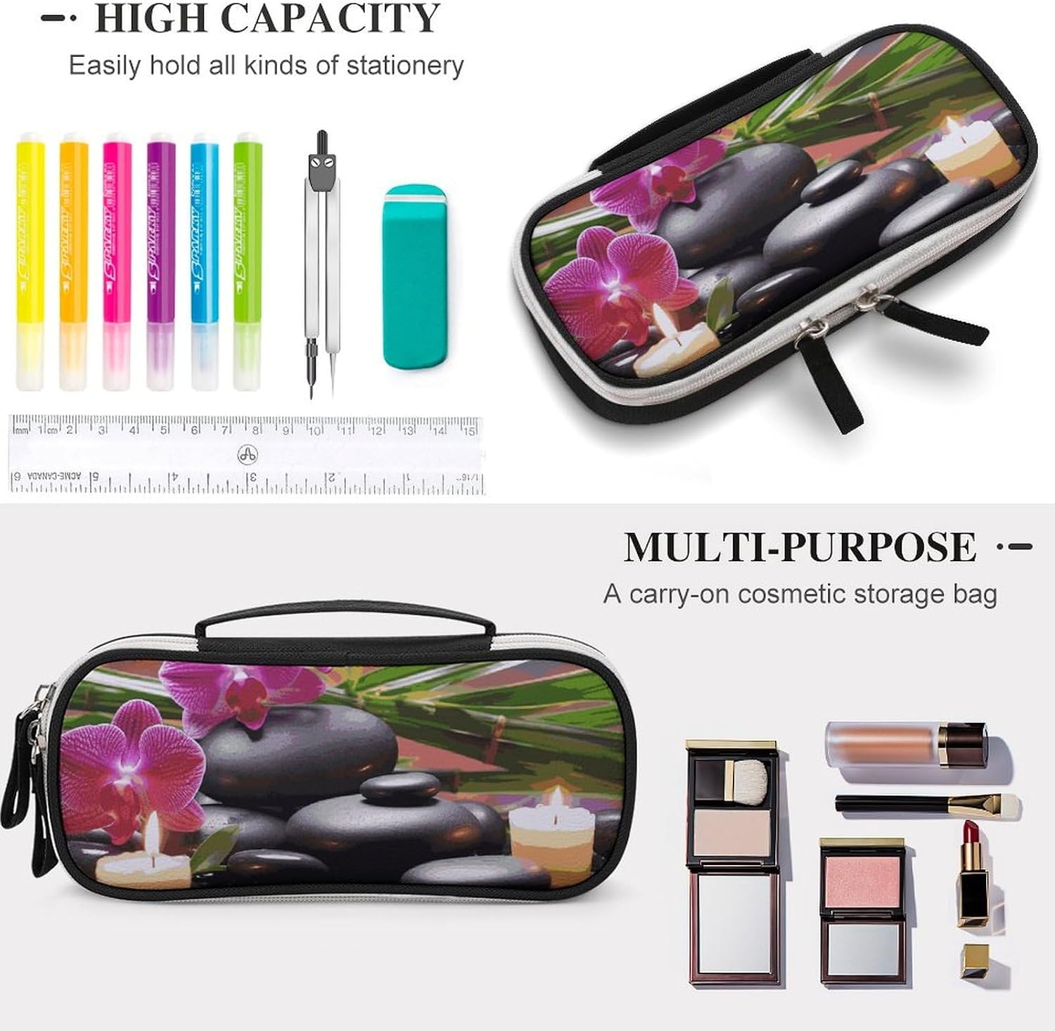 Flowers in Fountain Massage Stones Leather Makeup Bag Portable Small Cosmetic Organizer Waterproof Toiletry Bags Brushes Pencils And Travel Make Up Accessories image 3