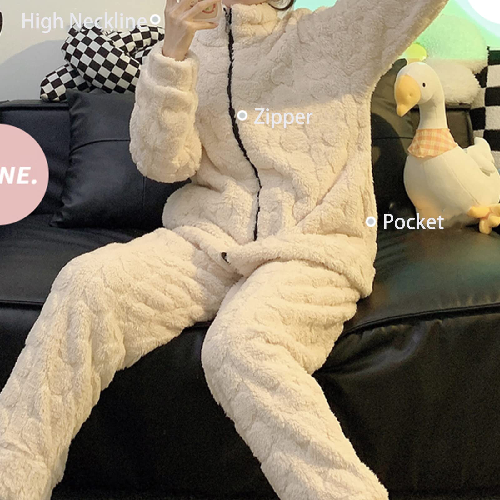 Damen Pyjama Set Aus Korallenrotem Fleece, Dicker, Warmer, Weicher Stehkragen, Nachtwäsche, Bequemer Baumwoll Hausbekleidung