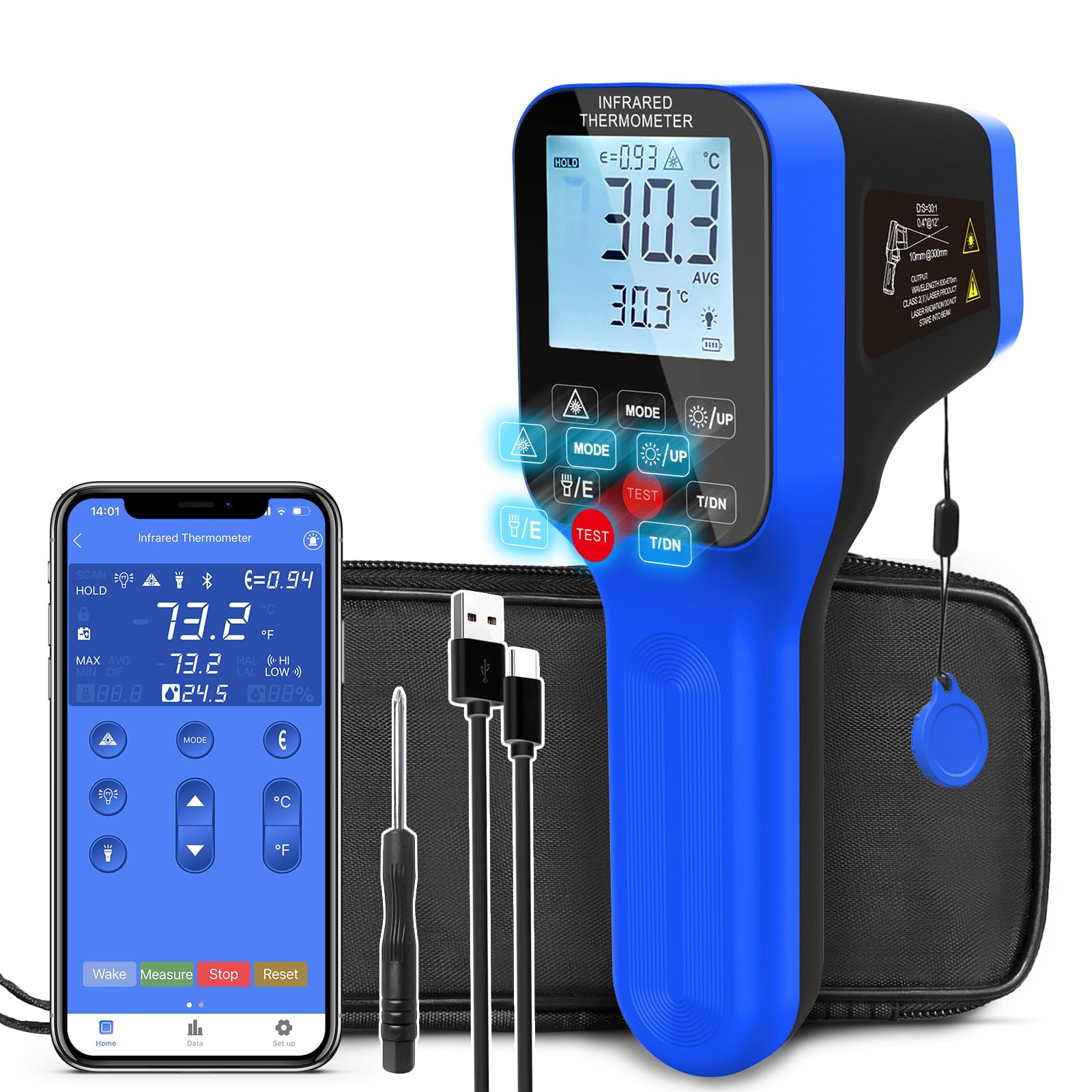 Termómetro Infrarrojo Bluetooth 30:1 - AIOMEST Termómetro Láser Profesional Temperature Gun con Doble Láser hasta 1600°C con Alarma y Registro de Datos para HVAC, Hornos, Metalurgia y Hornos Pizza