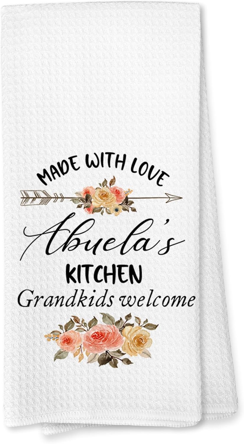 Voatok Abuela Floral Kitchen Towels, Abuela Gifts for Christmas Birthday from Grandkids Hand Towels, Best Grandma Gifts from Granddaughters Grandsons Dish Tea Towels for Kitchen, 16x24 Inches