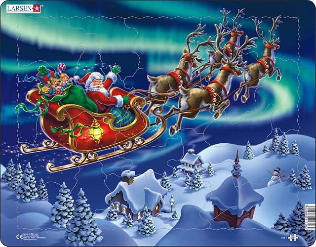 Larsen XM1 Santa Claus and His Sleigh in Northern Lights, 26 Piece Boxless Tray & Frame Jigsaw Puzzle