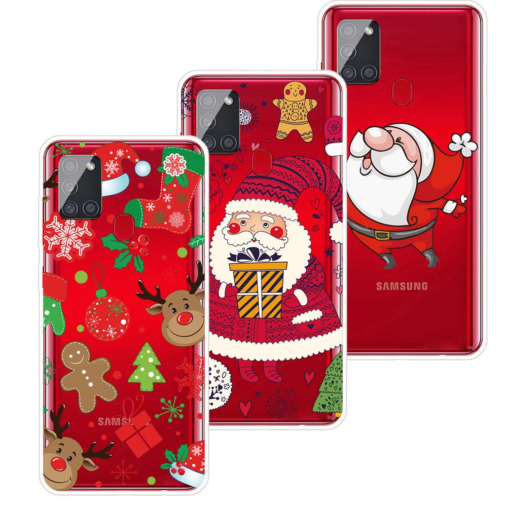 QC-EMART 3PCS Phone Case for Samsung Galaxy A21s Clear Transparent Silicone Shockproof Cover Christmas Merry Xmas Design Soft Protective Back Skin for Samsung Galaxy A21s Santa Clause Elk