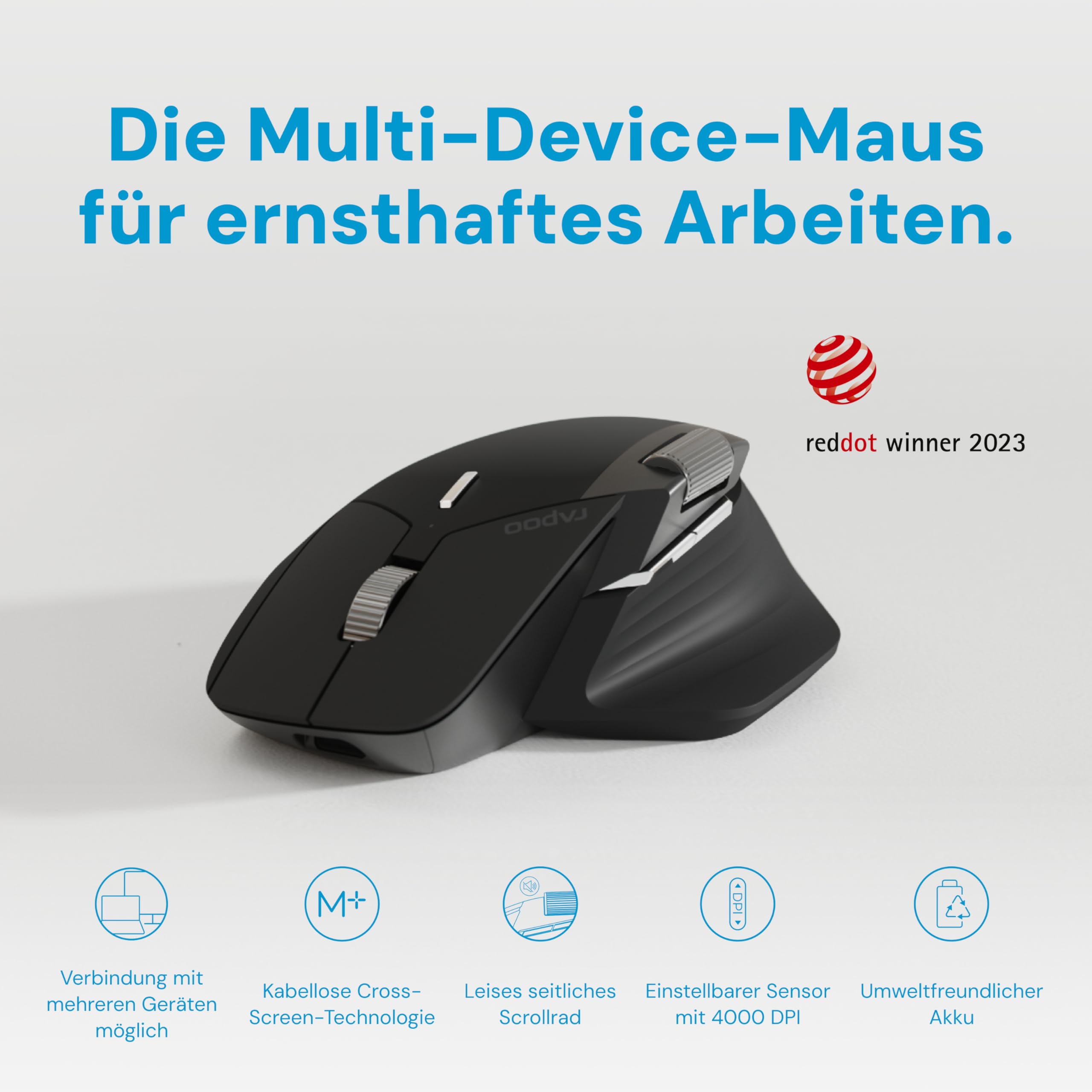 Rapoo MT760L bezprzewodowa mysz 4000 DPI czujnik, przyjazna dla środowiska, ładowana bateria, ergonomiczna mysz PC i Mac, szaro-biała