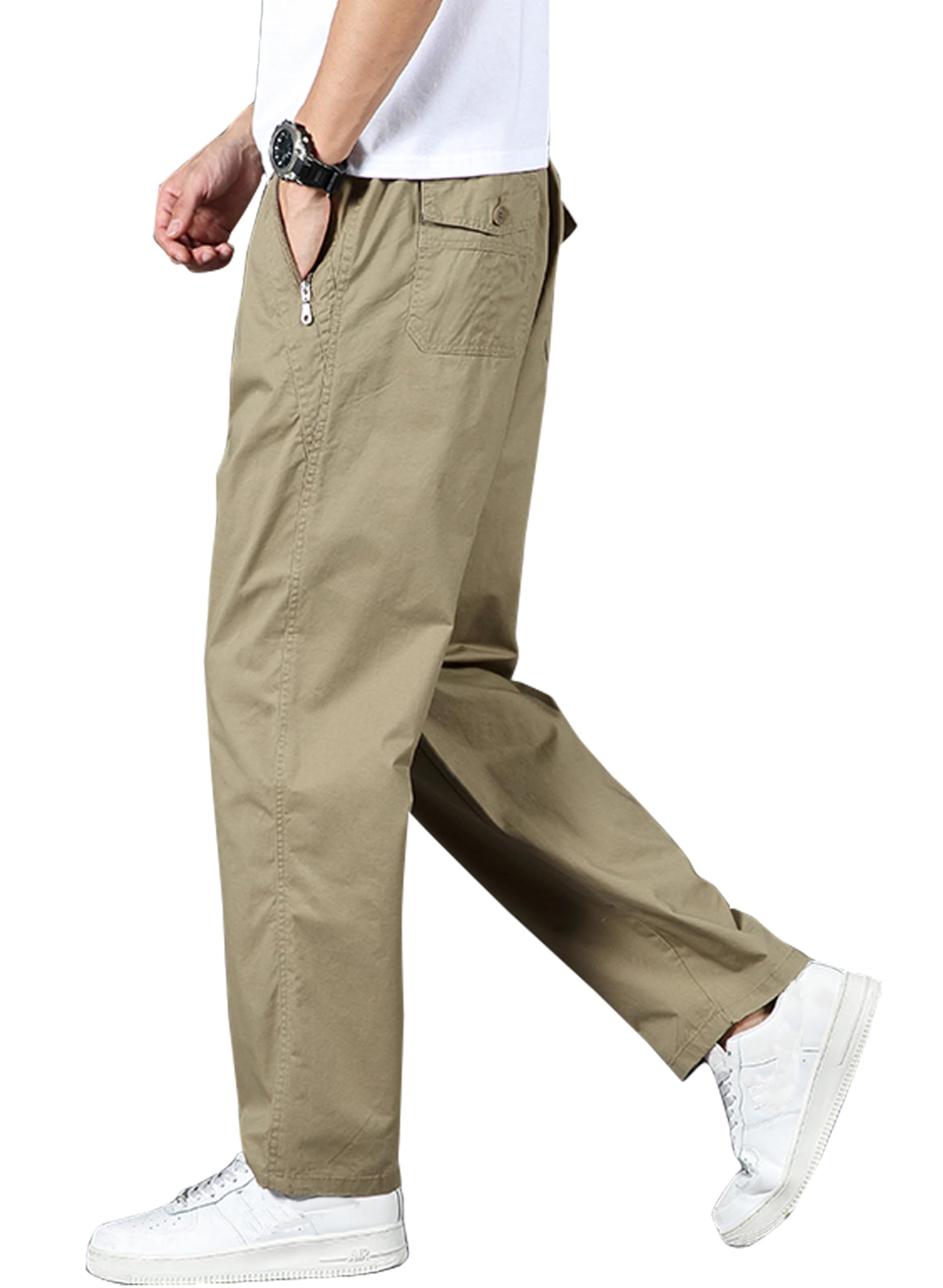 [Ｋａｙｉｙａｓｕ] チノパン メンズ パンツ 大きいサイズM-6XL イージー ロング ズボン ボトムス ワークパンツ 綿 ウエストゴム カジュアル ゆったり(L カーキ)