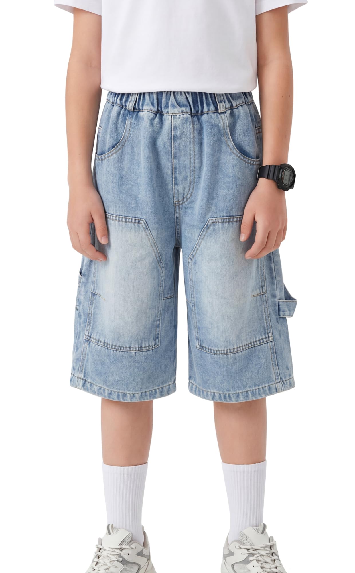 SEAUR Jeans corti per ragazzi larghi in cotone elastico in vita jeans estivi per ragazzi pantaloncini in denim cargo casual vestibilità ampia 6-15 anni