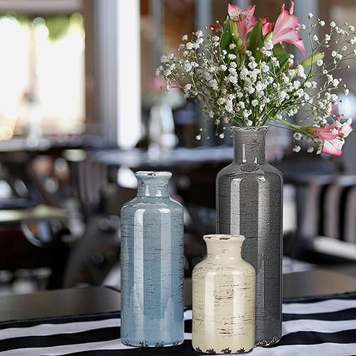 Miniatura 5 de Juego de 3 jarrones de cerámica, pequeños jarrones para decoración del hogar, estante de mesa rústico de granja, decoración de entrada, jarrón