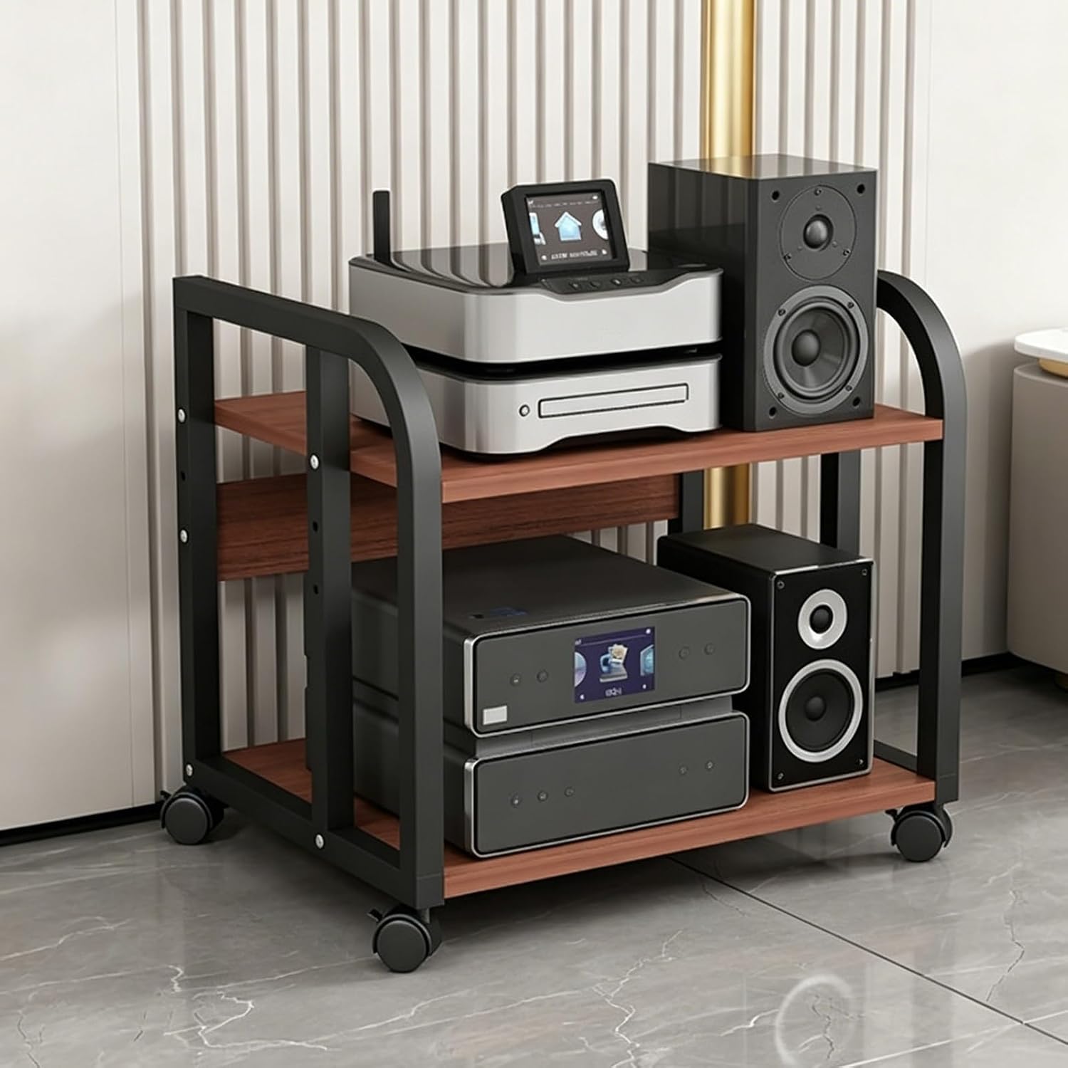 AV Media Stand with Wheels, Audio-Video Shelving Adjustable, Modern Stereo Cabinet Receiver Console Shelf, for Living, Gaming, Recording Room(Black,B)