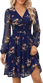 Loemes Women Summer Floral Long Sleeves V Neck Mini Stretchy Mesh Wedding Guest Corset Flowy Fall Dress