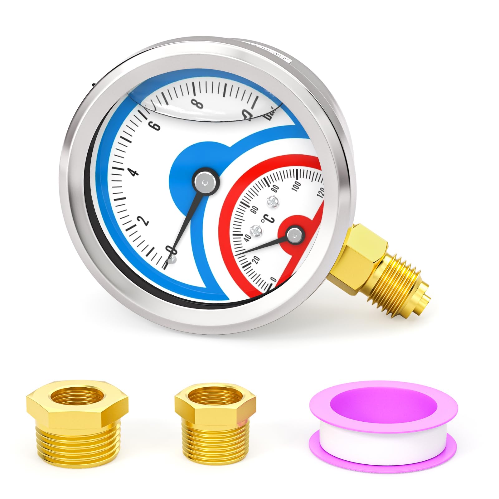 MEANLIN MEASURE 0~10 BAR/150PSI Manomètre thermique en acier inoxydable 0~120℃ Manomètre à liquide 1/4"BSP 2.5" FACE DIAL, avec douille hexagonale 1/2" BSP et 3/8" BSP, montage inférieur