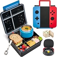 FAJSL Game Bento Box for Kids: Lunch Box with 9oz Insulated Thermo Jar, Folding Spoon, Removable Dividers & Sauce Cups - BPA-Free, Fun Shapes for School & Travel (Blue-Red)
