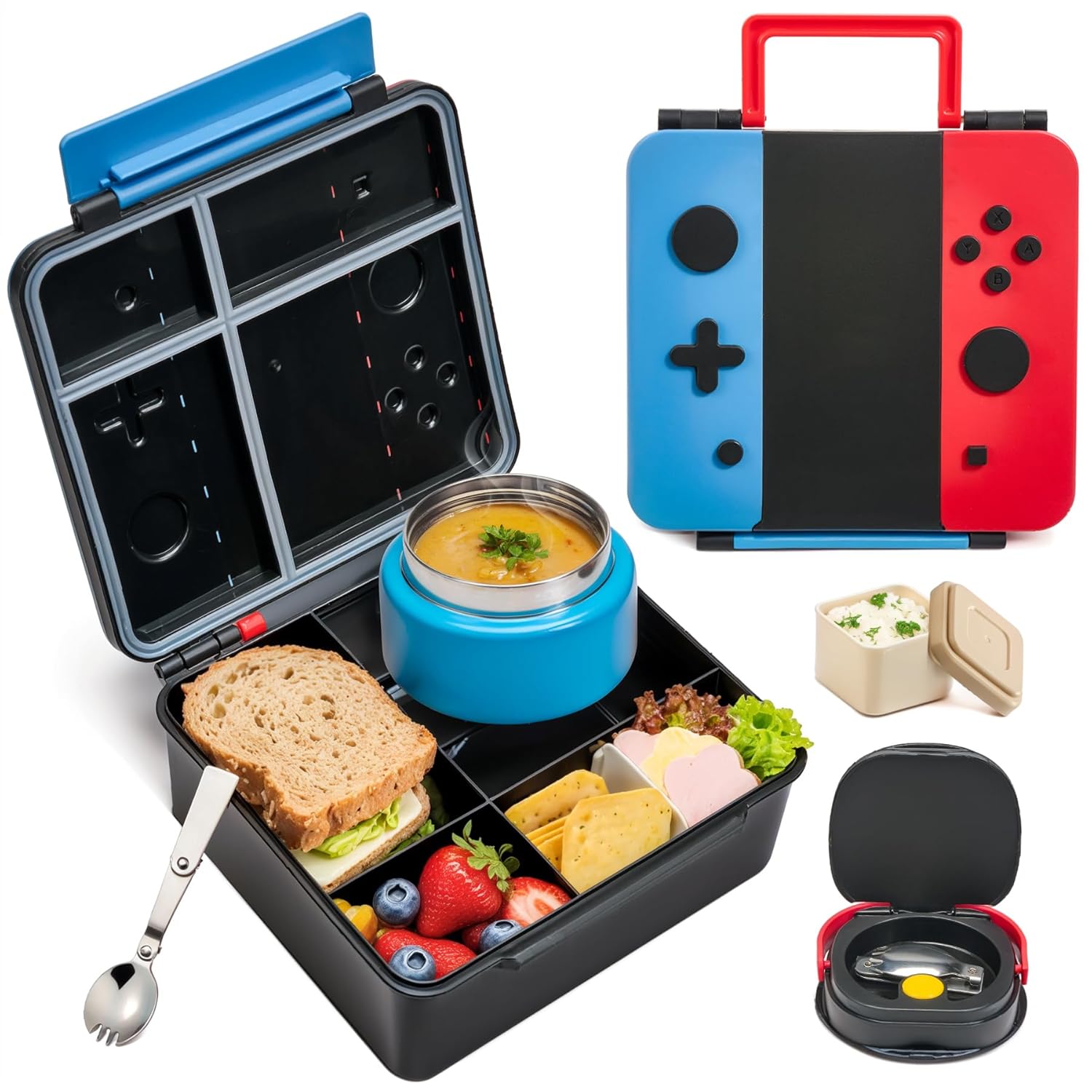 Game Bento Box for Kids Lunch Box with Thermo 9oz Food Jar Folding Spoon Removable Divider Sauce Cup