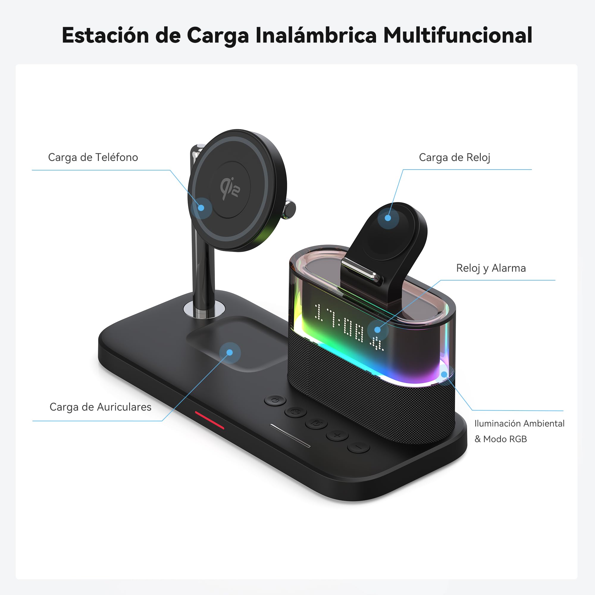 Cargador Inalámbrico 3 en 1 Qi2 15W Magnético para iPhone 17/16/15/14/13/12 Pro MAX, Apple Watch S10/9/8 y AirPods 4/3/2/Pro, Estación de Carga Rápida con Reloj LED y Luz RGB