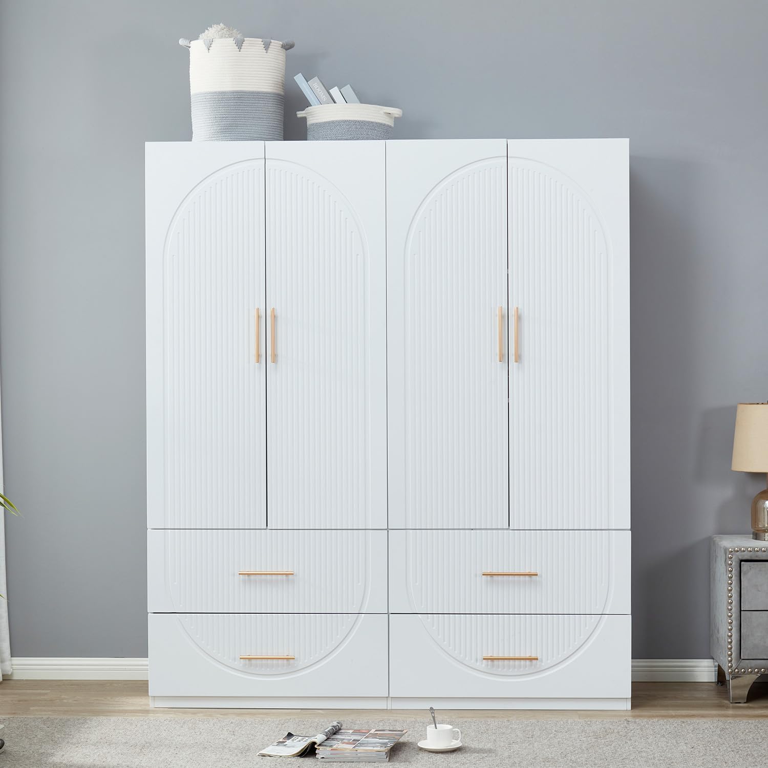 Wooden Armoire Wardrobe Closet White Large Storage Capacity Tall Clothes Cabinet with 4 Doors, 4 Drawers, Hanging Rods and Shelves for Bedroom