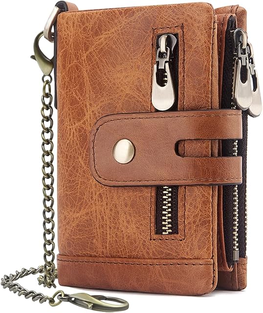 REETEE Mens Wallet RFID Blocking Men's Genuine Leather Wallet and Zipper Coin Pocket Bifold Purse with Chain 16 Credit Card Holder Genuine Leather Gents Wallets Slim Purse (Light Brown)