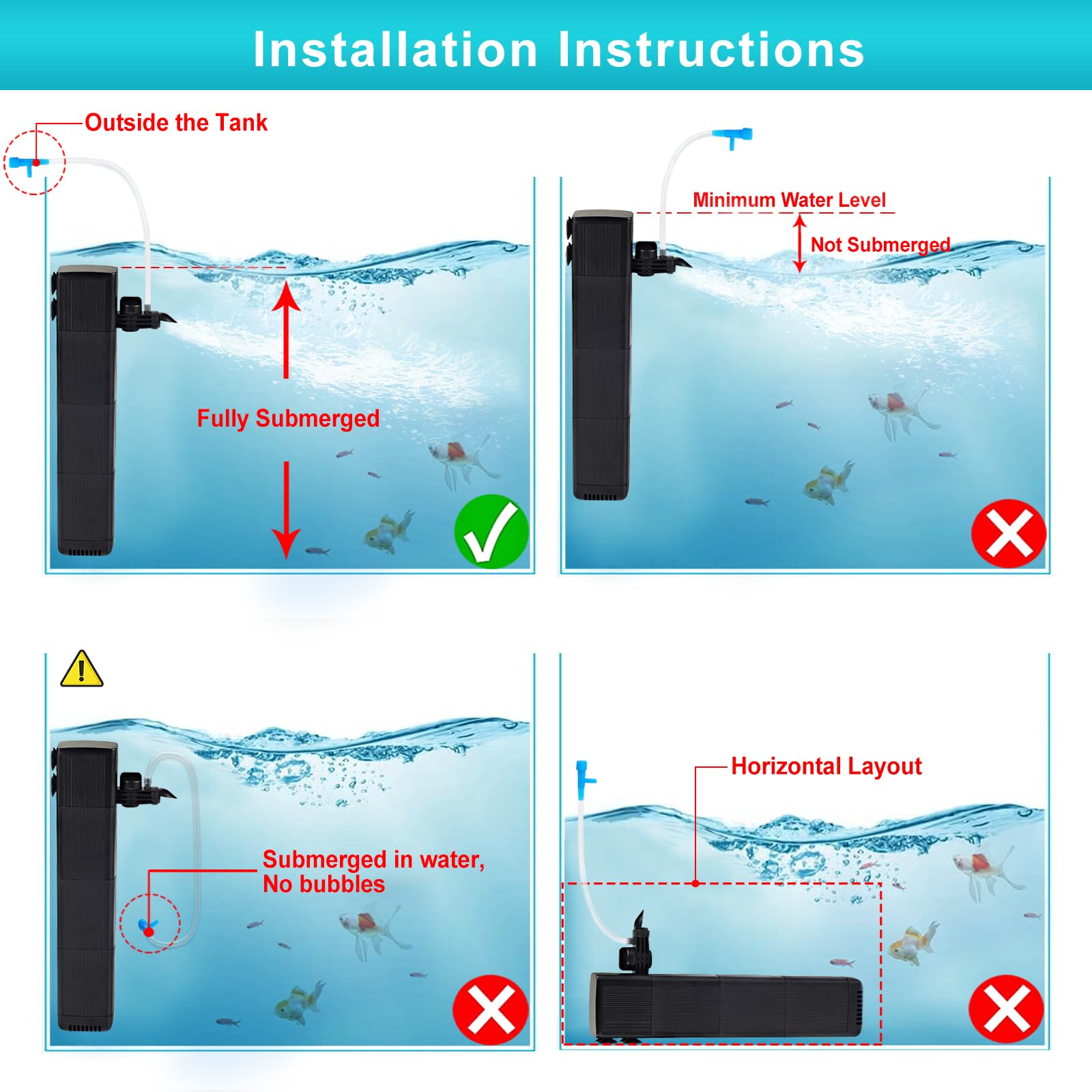 Internal Fish Tank Filter with 3-Stage Biochemical Sponge Filtration, 10W Adjustable Water Flow Submersible Aquarium Filter Pump for 80l ~ 150l Freshwater or 60l ~ 90l Saltwater, TC-900C(600L/H)