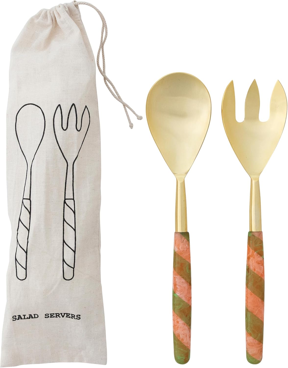 Creative Co-Op 2-Piece Stainless Steel Salad Server Set with Marbled Resin Striped Handles, Gold Finish, Multicolor