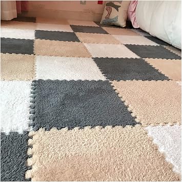 10 Pieces Interlocking Carpet Tiles, Plush Foam Square Floor Mats Set, 12x12inch Interlocking Fluffy Plush Puzzle Playmat With Border, 10 Tiles/10 Sq.FtColorBeige+Grey White