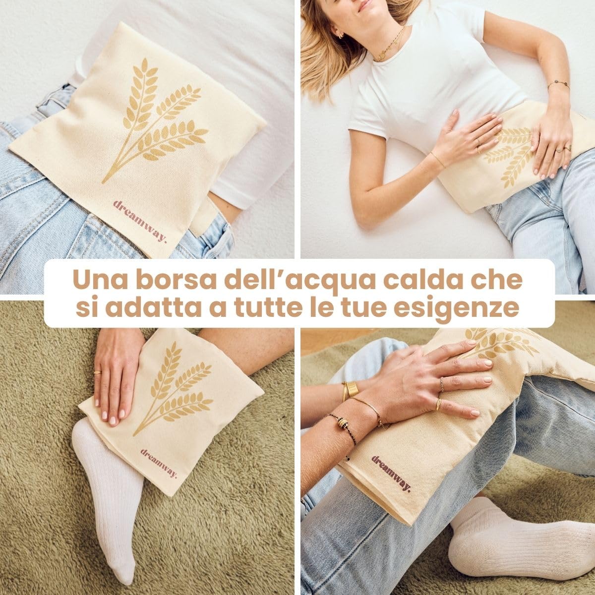 Dreamway - Cuscino riscaldante per microonde con semi di grano 21x21 cm - Cuscino termico naturale per dolori al collo, schiena e spalle - Fodera lavabile 100% cotone