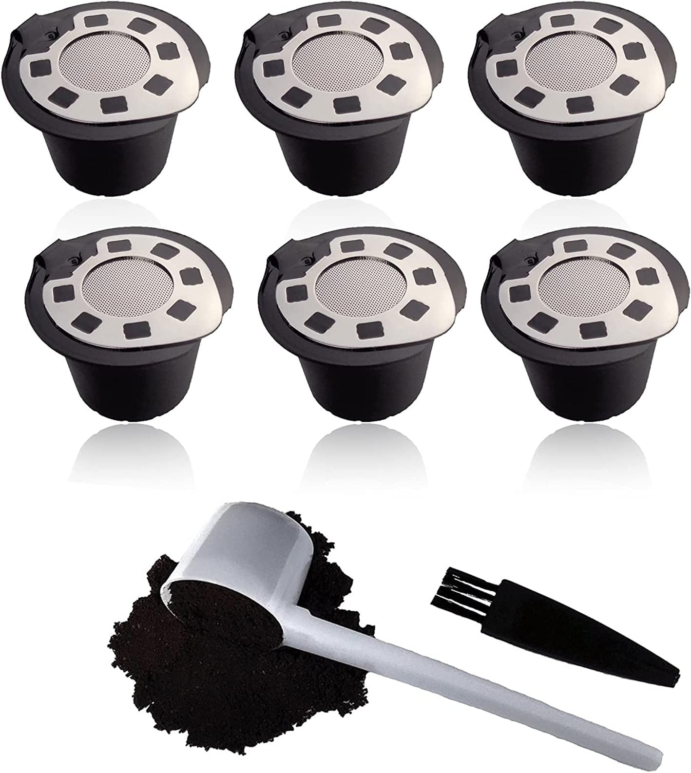 KASTWAVE Refillable Capsules for Compatible with Nespresso,Silver Reusable Coffee Capsule Pods for Compatible with Nespresso Machines with Coffee Spoon with Brush (OriginalLine Compatible Only)6 Pack