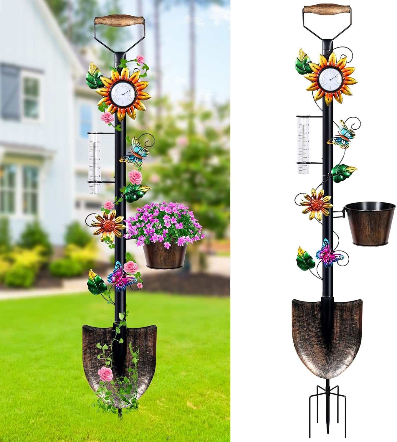 Garden Trellis with Thermometer Rain Gauge Outdoor, 55 Inch Shovel Plant Trellis with Planters for Climbing Plants - Decorative for Patio, Lawn, Yard, Backyard