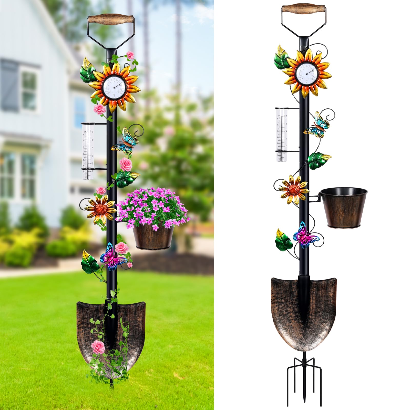 Hanayard Garden Trellis with Thermometer Rain Gauge Outdoor, 55 Inch Shovel Plant Trellis with Planters for Climbing Plants - Decorative for Patio,
