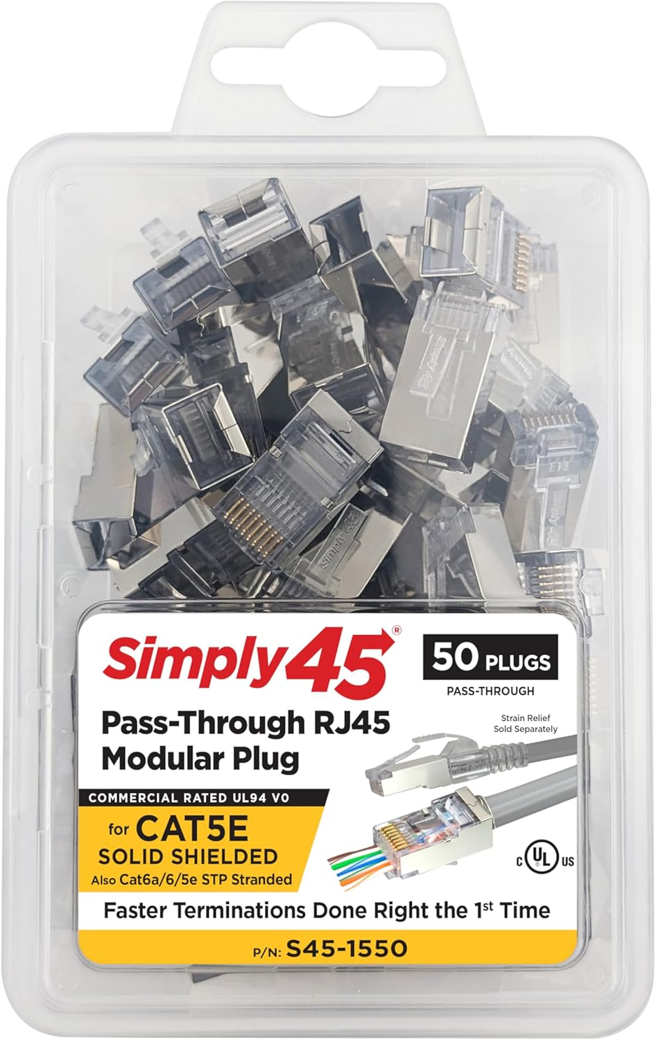 Simply45 Shielded RJ45 Pass-Through Connectors - 50-Piece For Cat5e/6/6a Ethernet Cables