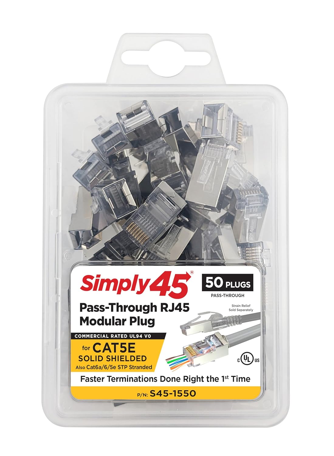 Simply45 Unshielded Pass-Through RJ45 Modular Plugs with Cap45 for 24AWG Solid (Cat5e) - Blue, 28-26AWG Stranded, 3 Prong, 500 Pieces - S45-1505P