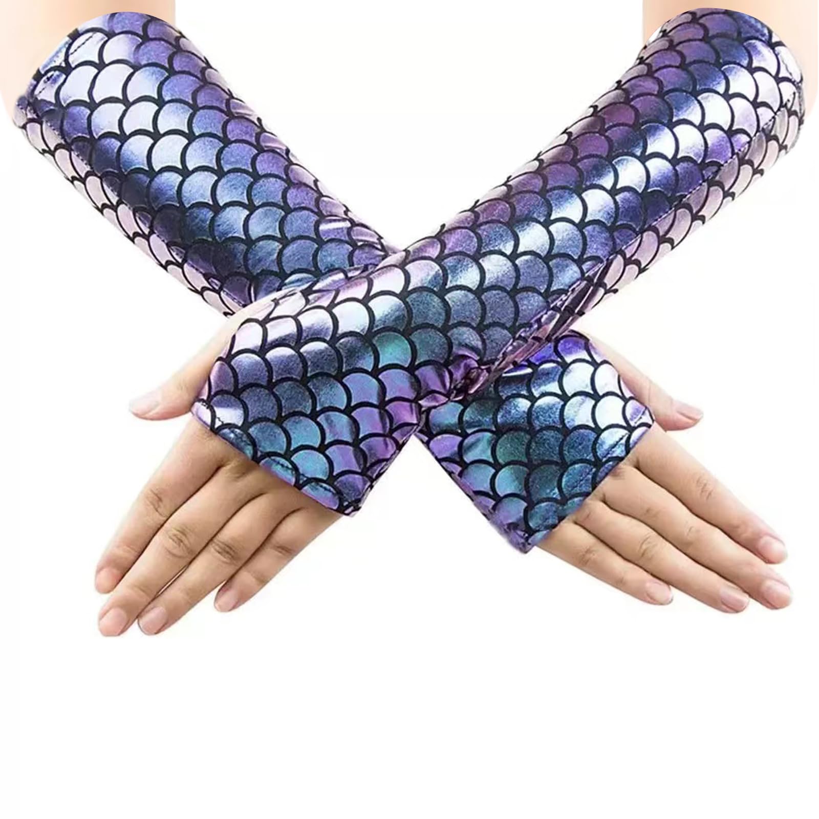 Azonelife Mermaid Arm Sleeves, Fish Scale Fingerless Long Gloves Elbow Length, Cosplay Party Gloves Costume Accessories for Women Girls Ladies Halloween Stage Shows Carnival Masquerade (Fantasy)