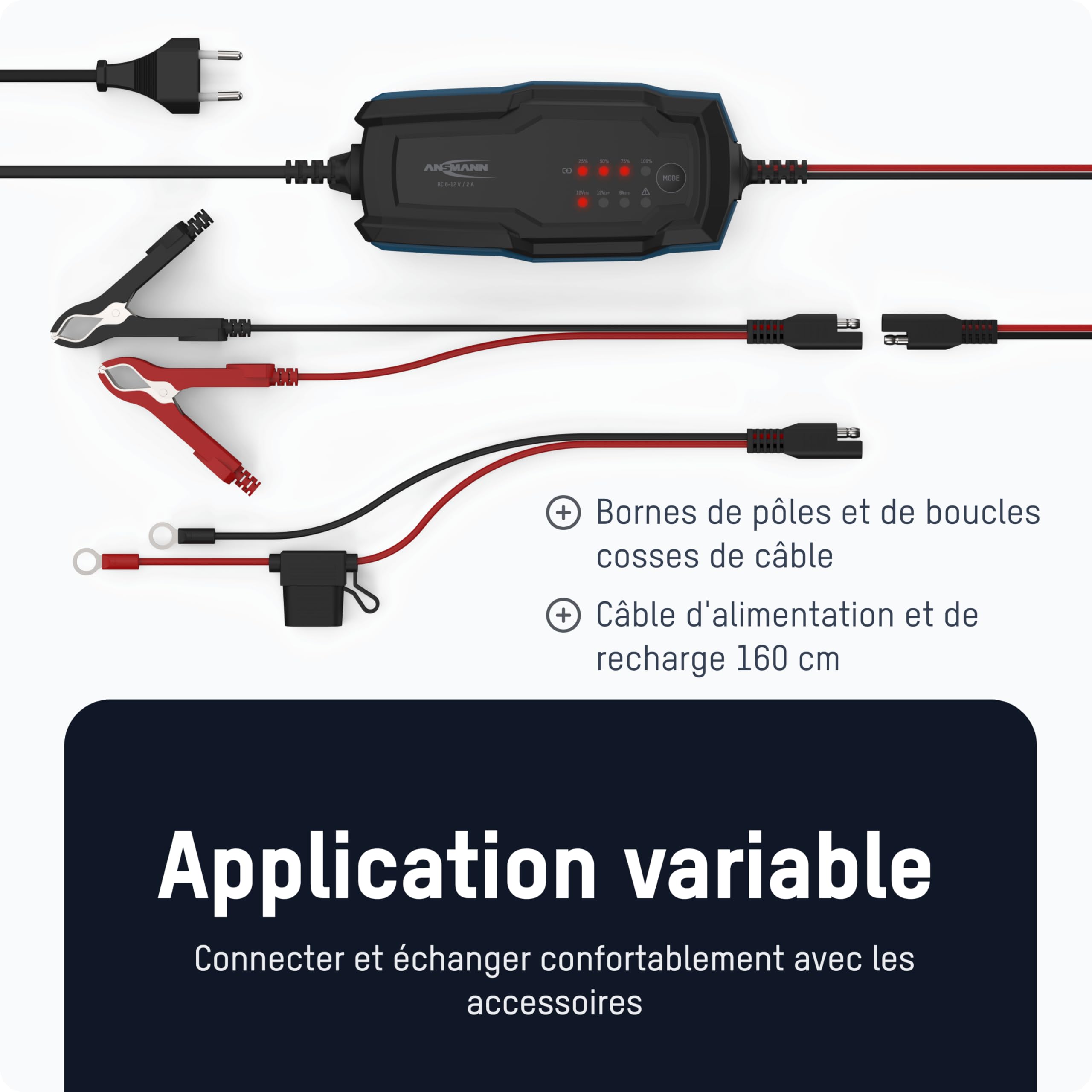 ANSMANN Chargeur Intelligent à 8 étapes 6V 12V / 2A avec écran LCD pour Batteries Plomb-Acide, Plomb-Gel et Plomb-Lies, Ainsi Que Batteries 12V LiFePo4 pour Voiture, Moto et camionnette