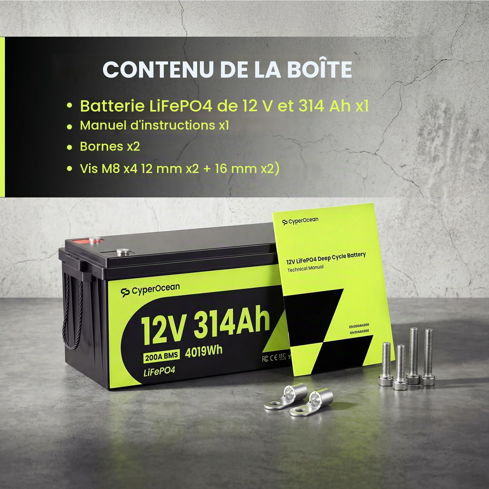 Lot de 2 Batteries LiFePO4 12V 314Ah, 8038Wh Batterie Lithium avec BMS 200A Protection Basse Température, Plus de 15000 Cycles, pour Camping-Car, Solaire, Bateau, Système Hors Réseau
