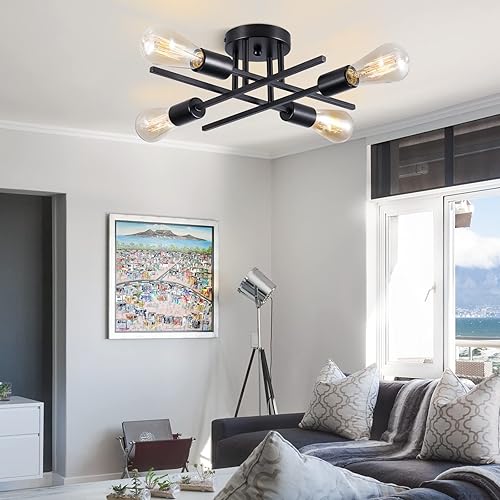 Miniatura 9 de Sputnik Candelabros, lámpara de techo moderna semiempotrada con base E26, lámparas industriales de mediados de siglo para cocina, granja, Negro