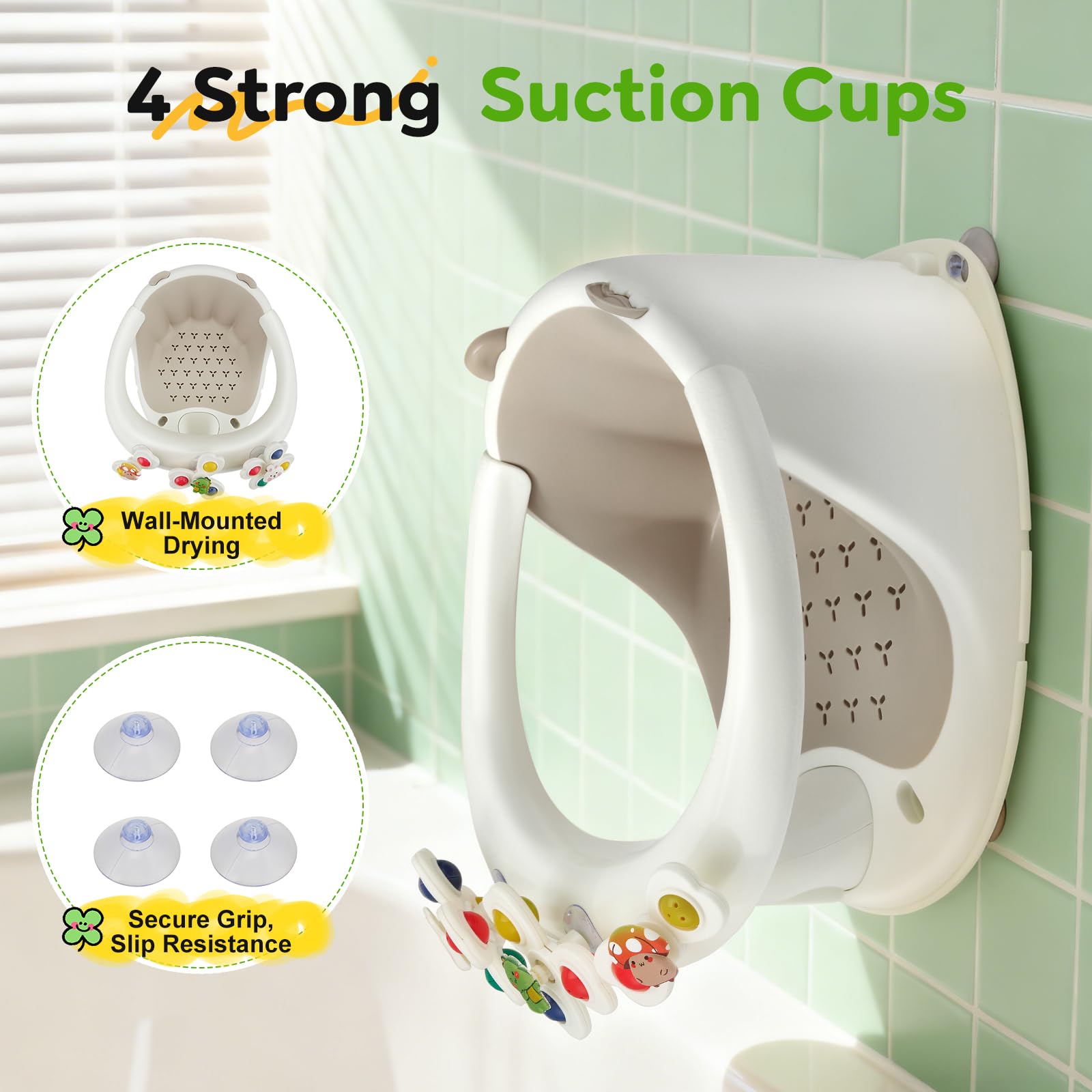 Asiento de baño para bebés a partir de 6 meses, asiento de bañera con 4 ventosas fuertes, respaldo ergonómico